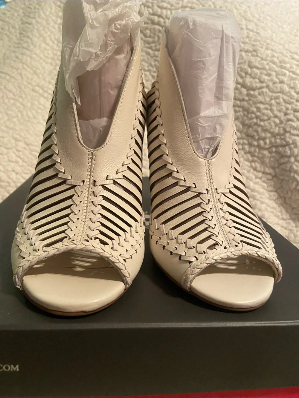 Vince Camuto Warm White Woven Peep-Toe Heel Booties - Neutral Leather